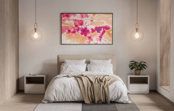 A bedroom scene with a large image behind a bed. The image is a digital artwork of a hypericum plant.