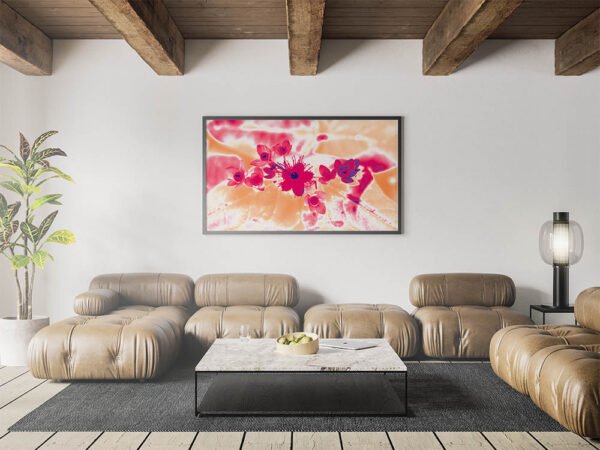 Example of a framed print with the Alternative Hypericum design hanging on a lounge wall.