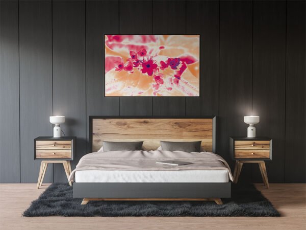 Example of a framed print with the Alternative Hypericum design hanging on a bedroom wall.