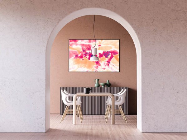 Example of a framed print with the Alternative Hypericum design hanging on a dinging room wall.