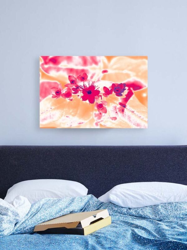 Example of a canvas print with the Alternative Hypericum design hanging on a bedroom wall