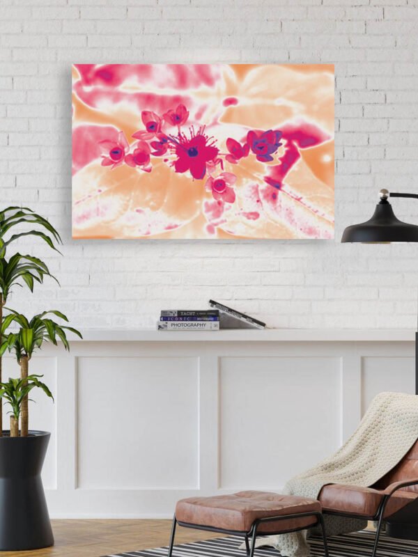 Example of a metal print with the Alternative Hypericum design hanging on a living area wall