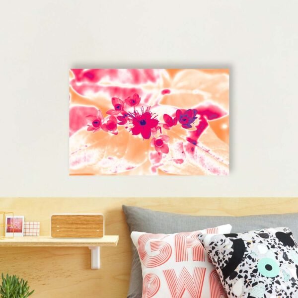 Example of a photographic print with the Alternative Hypericum design hanging on a bedroom wall