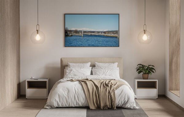 Example of a framed print with the Bed Wyvis From Ness Bridge design hanging on a bedroom wall.
