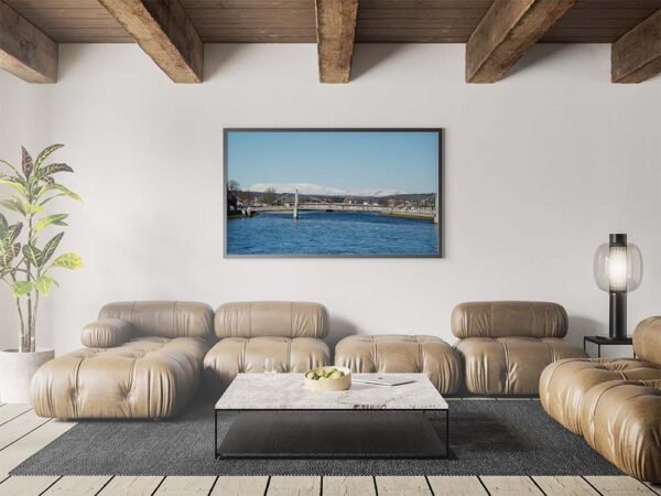 Example of a framed print with the Bed Wyvis From Ness Bridge design hanging on a lounge wall.