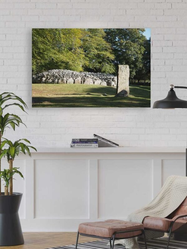 Example of a metal print with the Cairn and Standing Stone design hanging on a living area wall
