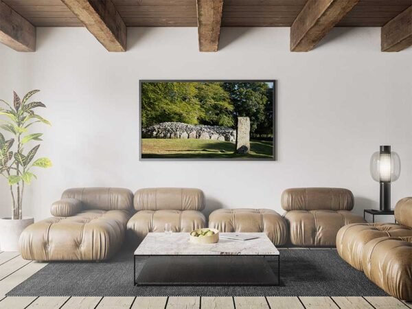 Example of a framed print with the Cairn And Standing Stone design hanging on a lounge wall.