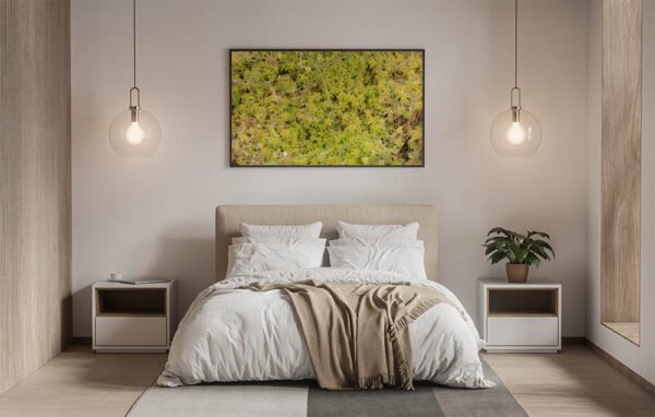 Example of a framed print with the A Bed Of Sphagnum Moss design hanging on a bedroom wall.