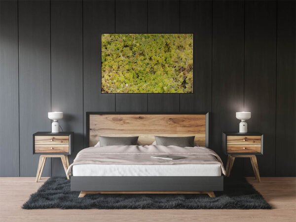 Example of a framed print with the A Bed Of Sphagnum Moss design hanging on a bedroom wall.