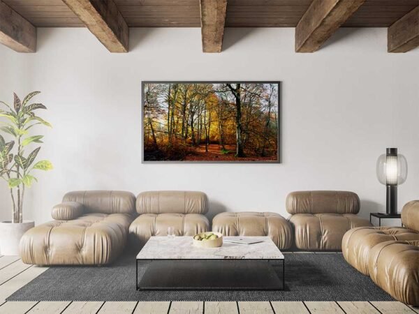 Example of a framed print with The Warm Wood design hanging on a lounge wall.