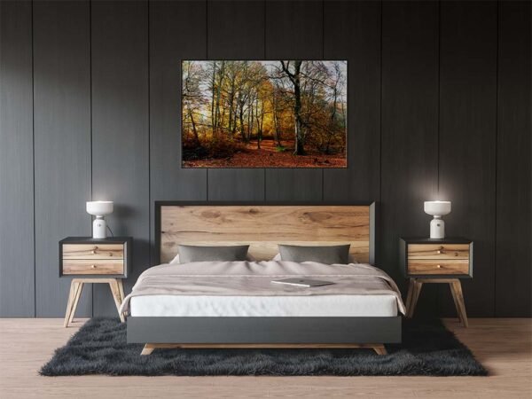 Example of a framed print with The Warm Wood design hanging on a bedroom wall