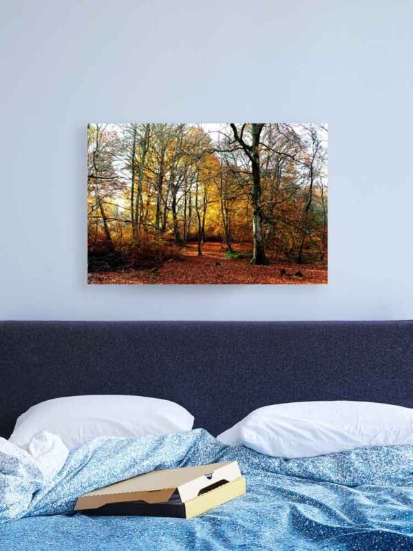 Example of a canvas print with The Warm Wood design hanging on a bedroom wall