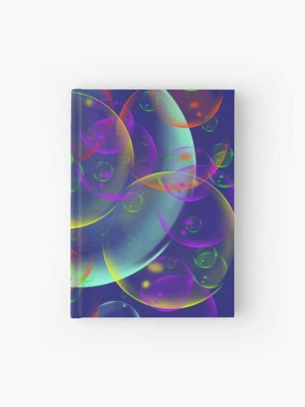 A hardcover journal with an image of different sized, and coloured bubbles on its cover