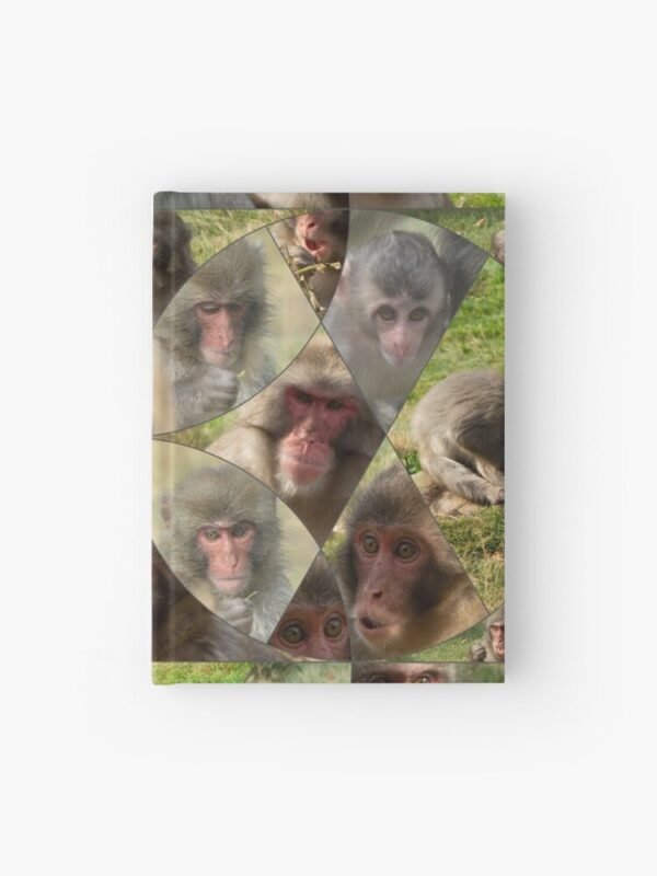 A hardcover journal with the Many Faces of A Snow Monkey design.