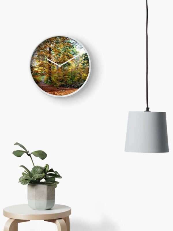 Amongst the Memories Clock on a wall next to a drop light and above a stool with a pot plant