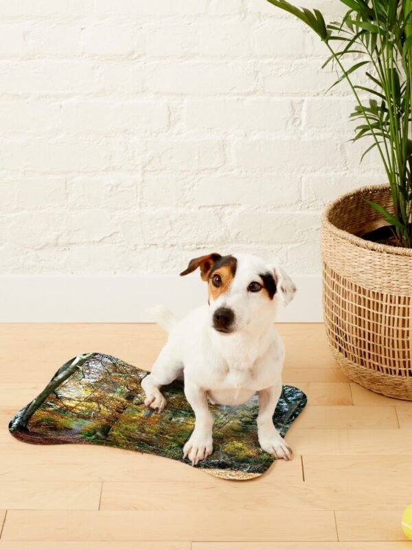 Amongst The Memories Bone Shaped Pet Mat with a small dog sitting on the mat