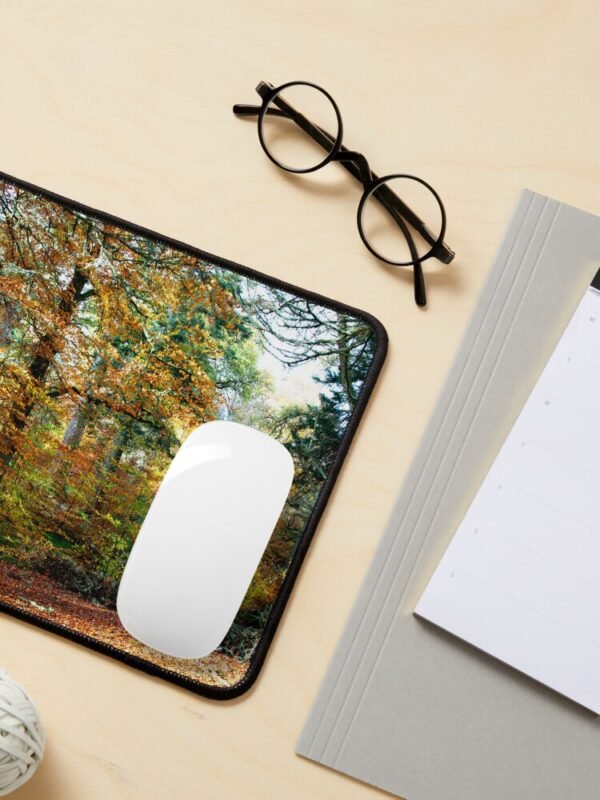 Amongst the Memories Mouse Mat with a white mouse on it and surrounded by office stationery and a pair of spectacles