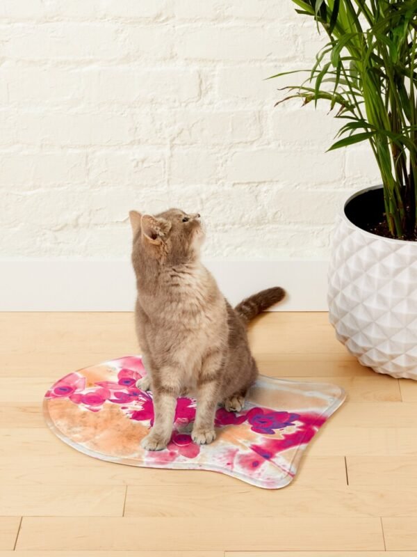 A cat sitting on an Alternative Hypericum fish shaped mat