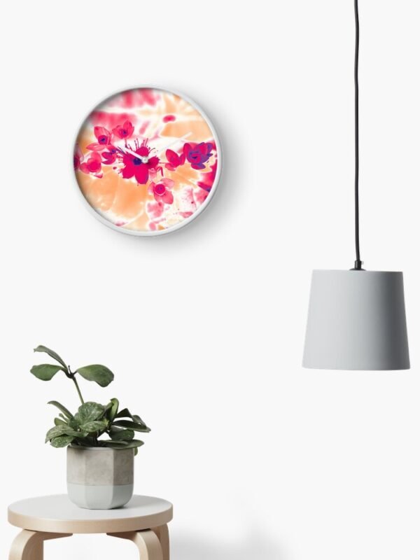 Alternative Hypericum clock on a wall beside a drop light ad a stool with a plant on it