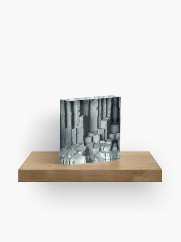 Basalt Columns Acrylic Block sitting on a shelf