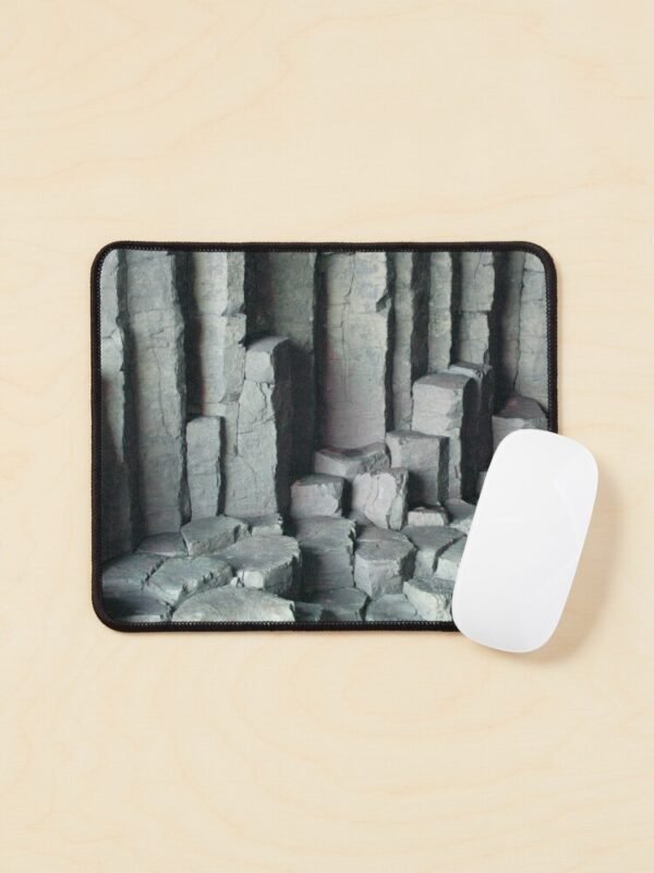 Basalt Columns Mouse Mat with a shite mouse sitting on the mat