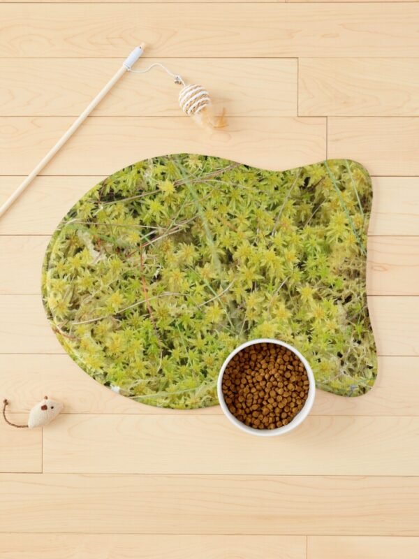 A Bed of Sphagnum Moss fish shaped pet mat with a food bowl lying on the mat and cat toys beside it.