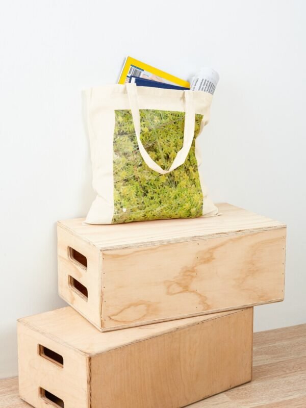A Bed of Sphagnum Moss cotton tote bag full of items and sitting on two wooden boxes