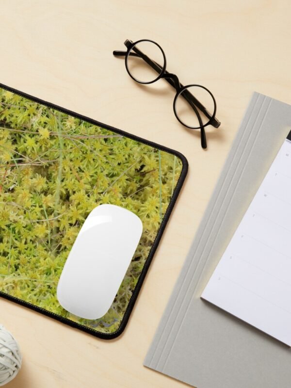 A Bed of Sphagnum Moss mouse mat with a white mouse on it and spectacles and other stationery items near it.