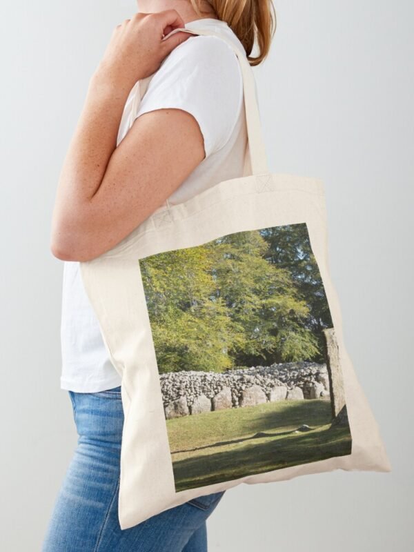 Cairns and Standing Stone Cotton Tote Bag being worn over the shoulder