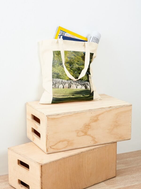 Cairns and Standing Stone Cotton Tote Bag full of items and standing on two wooden boxes