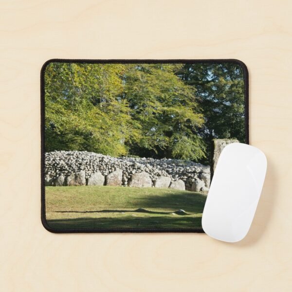 Cairns and Standing Stone Mouse Mat with a white mouse sitting on the mat