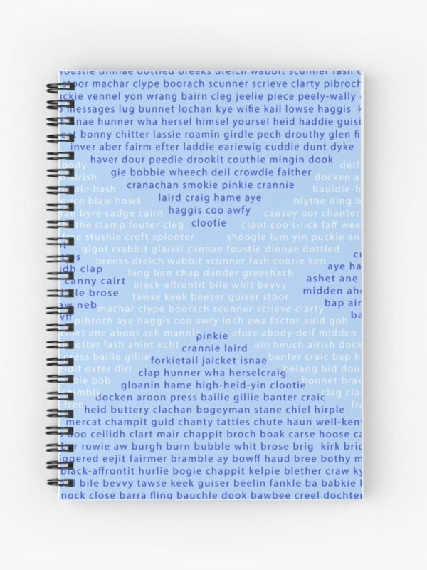 The front cover of a spiral bound notepad with the Scots Words In A Saltire design.