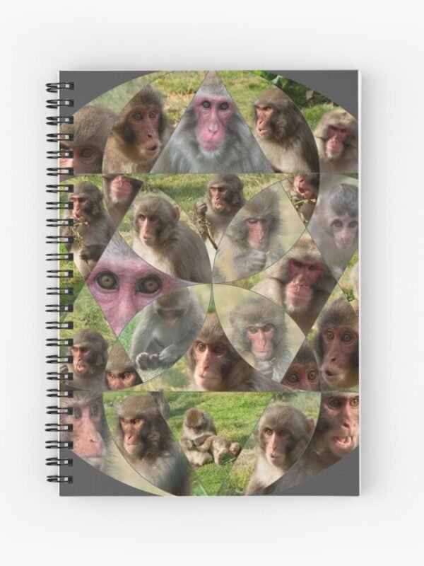 The front cover of a spiral bound notebook with the Many Faces of A Snow Monkey design.