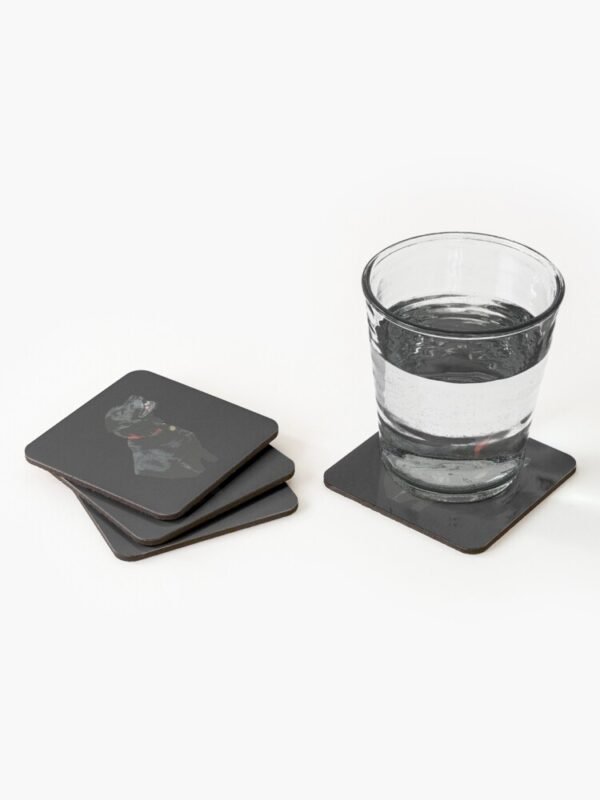 Adoration of a Black Labrador Set of 4 Coasters - one coaster is being used below a glass of clear liquid while the others are stacked one on top of the other next to the glass.