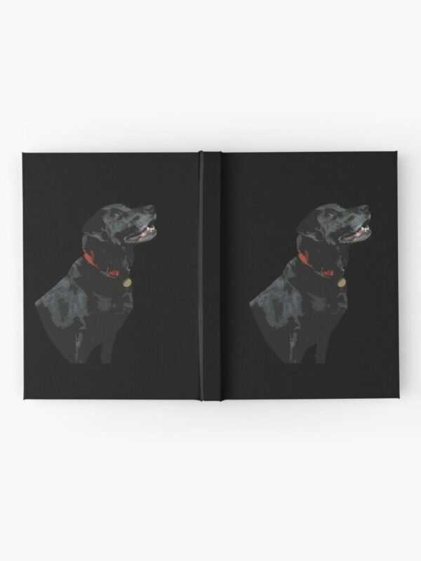 Adoration from a Black Labrador Hardcover Journal - showing the book fully open and showing the back, front and spine of the book.