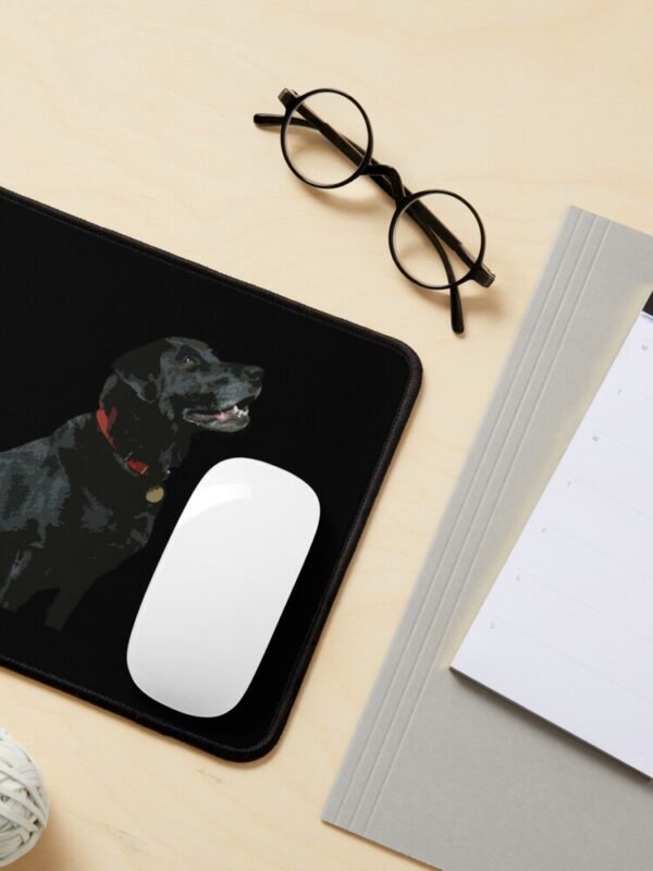 Adoration from a Black Labrador Mouse Mat with a white mouse on the mat and office stationery and spectacles near the mat