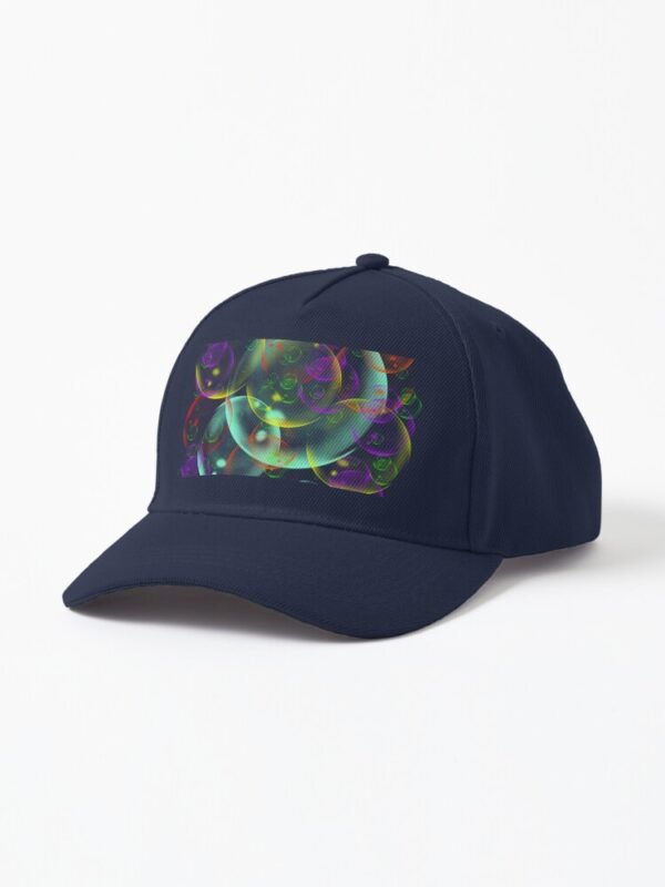 A baseball cap sporting the "I wandered Freely As A Bubble" design
