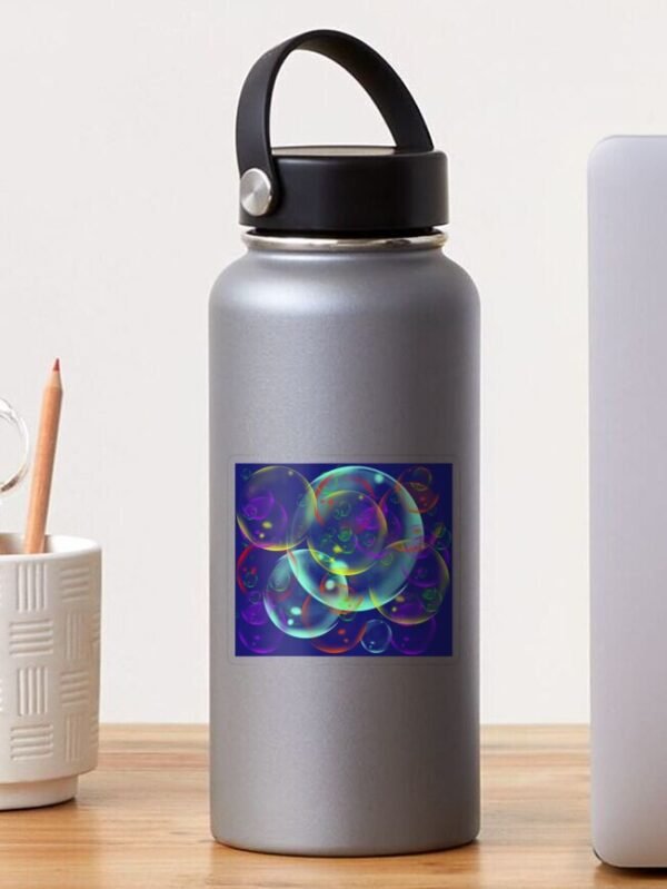 A water bottle with a transparent sticker sporting the I Wandered Freely As A Bubble design
