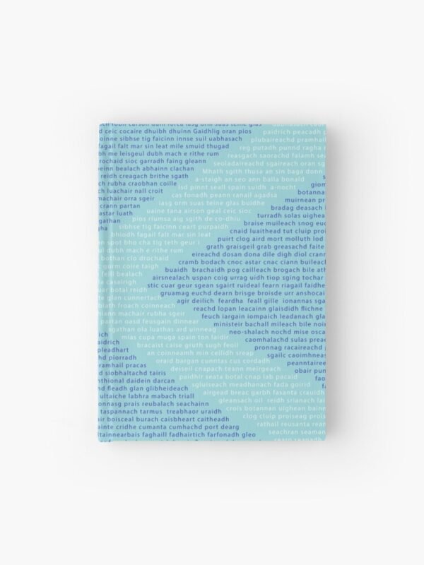 A hardcover journal with Gaelic words in the shape of a saltire on its cover
