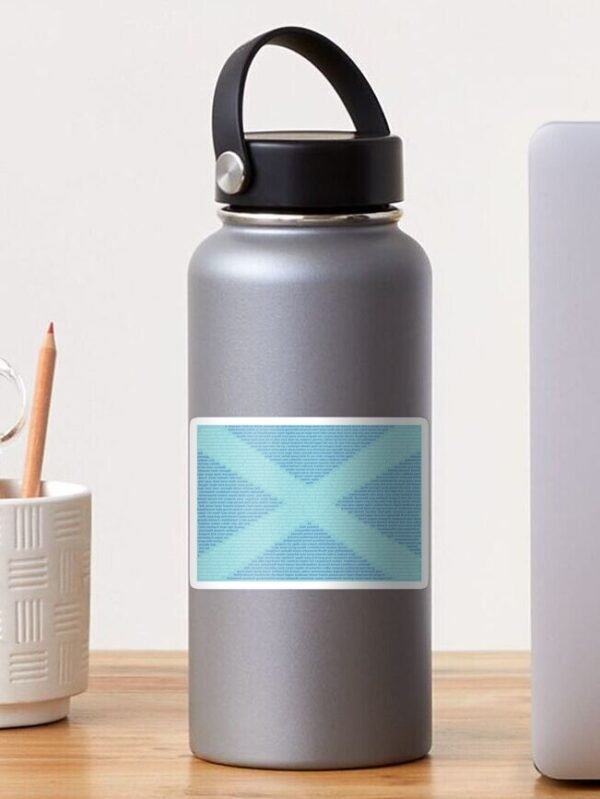 A water bottle with a sticker on it showing the design of Gaelic Words in a Saltire.